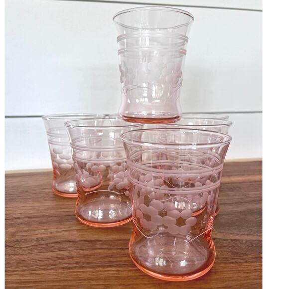 Pink Depression Juices Glasses Floral Etched Pattern (7) - Picture 3 of 10